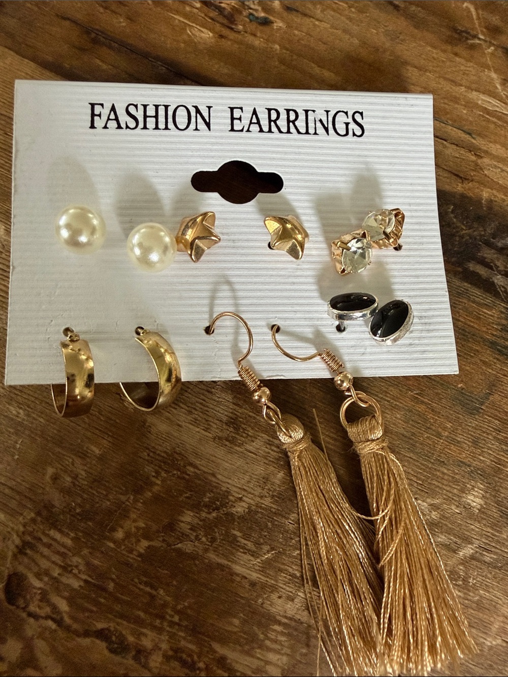 Fashion Earrings 6-Pair Set with Tassel - Pearl, Gold & Black